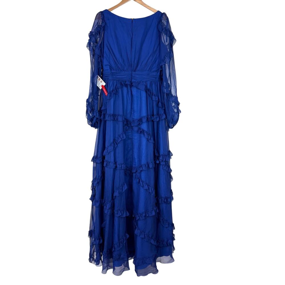 Mac Duggal NWT V Neck Cascade Ruffle Tiered Puff Sleeve Gown Sapphire Size 12 - Picture 4 of 10